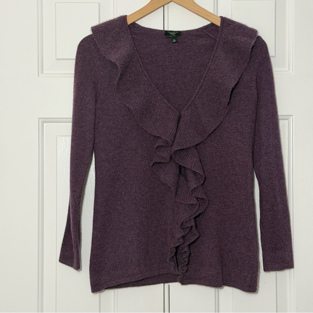 Talbots Petites Pure Cashmere Ruffle V-Neck Sweater Plum SP